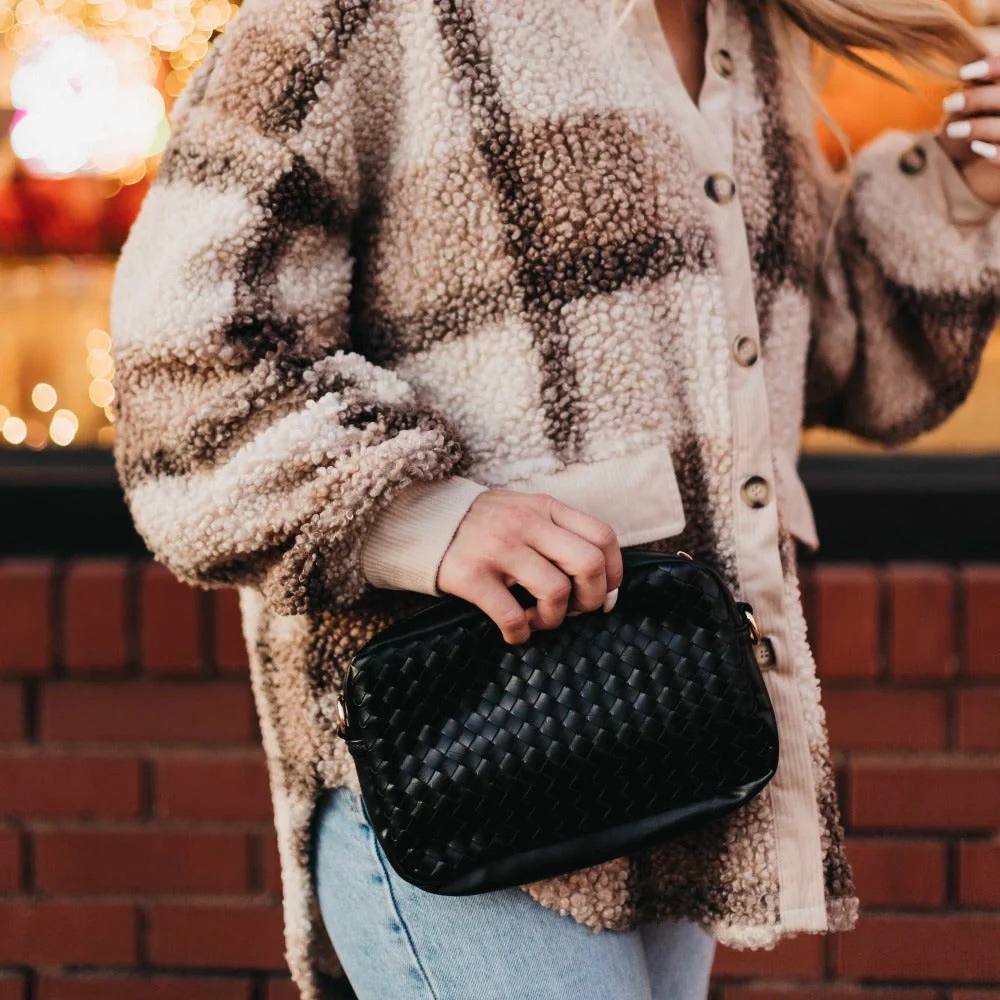 Pretty Simple- black leather woven crosss body camera bag